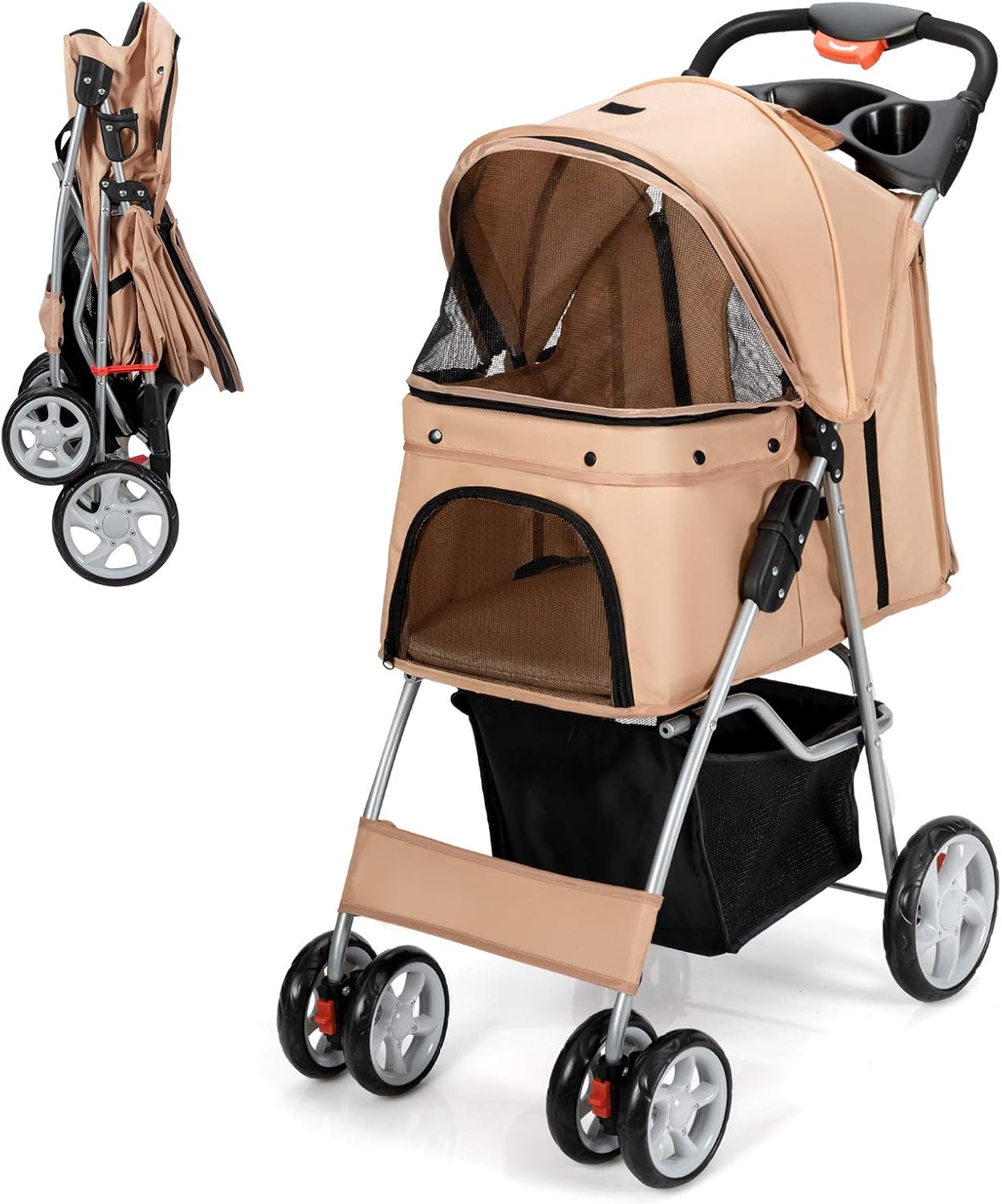 COSTWAY Folding Pet Stroller, 4 Lockable Wheels Dog Travel Pushchair