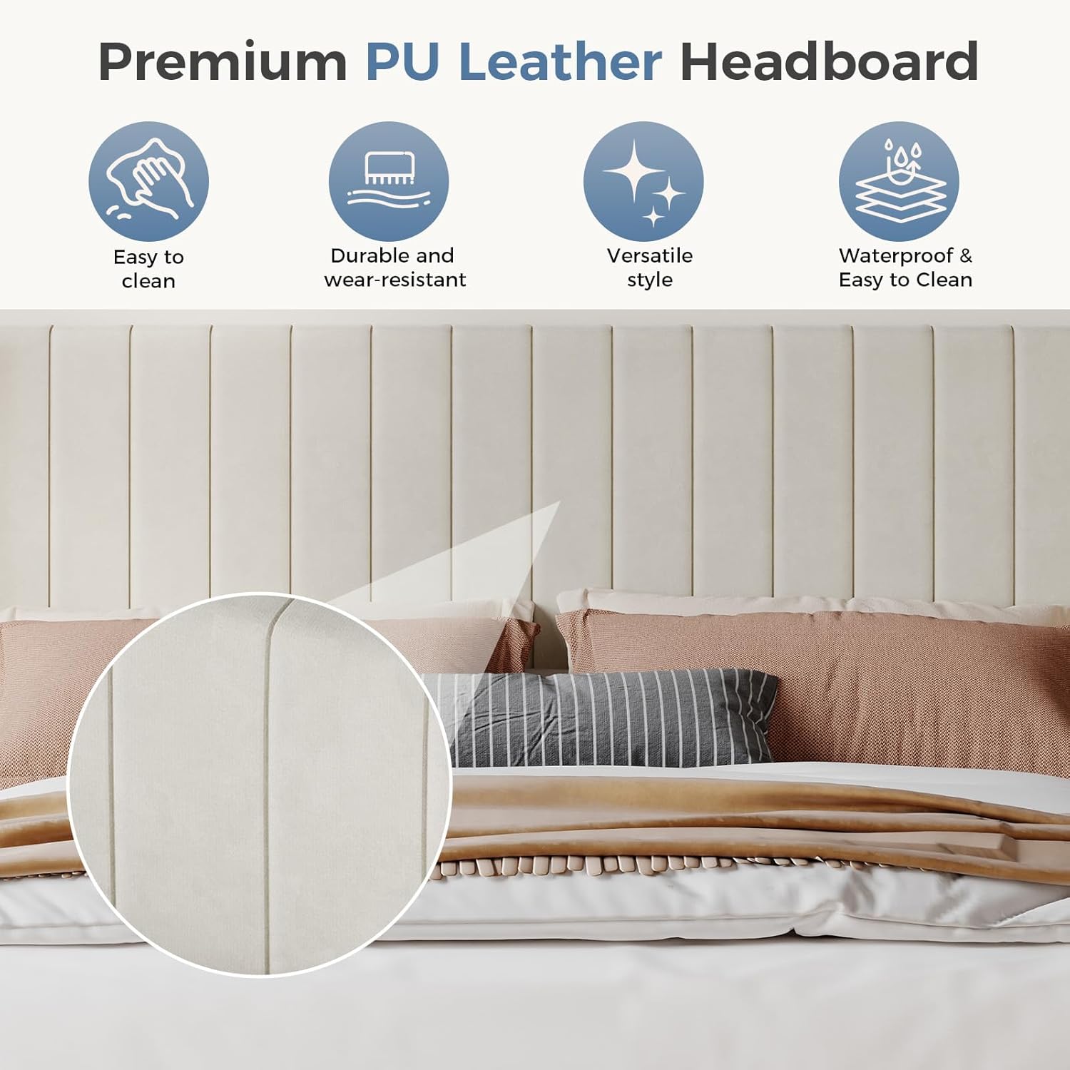DUMOS Full Size Bed Frame with Modern Fabric Upholstered Wingback Headboard & Wooden Slats, 800lbs Capacity, No Box Spring Needed, Easy Assembly Upholstered Platform Bed, Beige