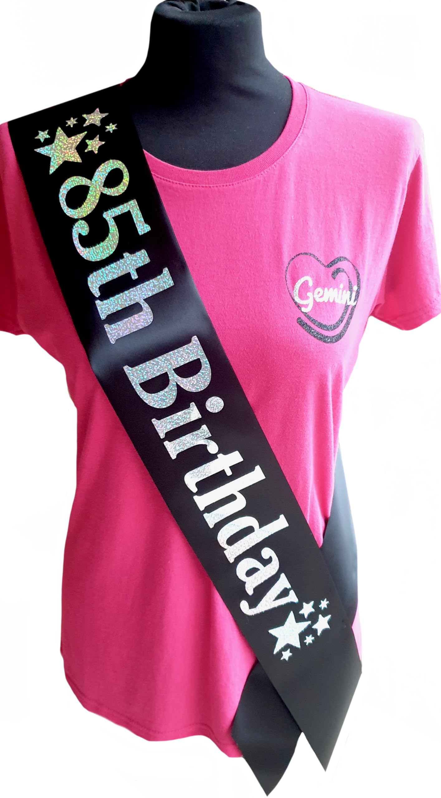 85th Birthday Sash - 85 Star Birthday Sash - Beautiful Quality Black Ribbon and Holographic Silver Font - 85th Birthday Sash