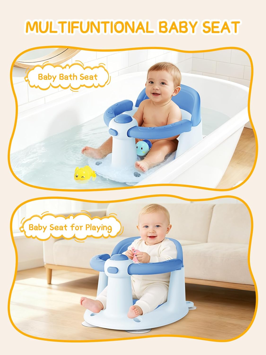 Baby Bath Seat for Babies 6 Months & Up - Bathtub Seats for Babies with 3 Baby Bath Toys, Non-Slip, Comfortable, Infant Bath Essentials-Blue