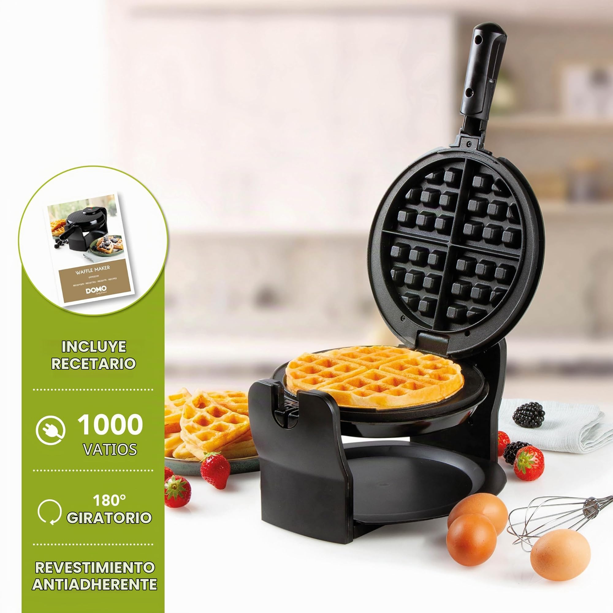 DOMO DO9223W - Gofrera antiadherente, 1 unidad, color negro