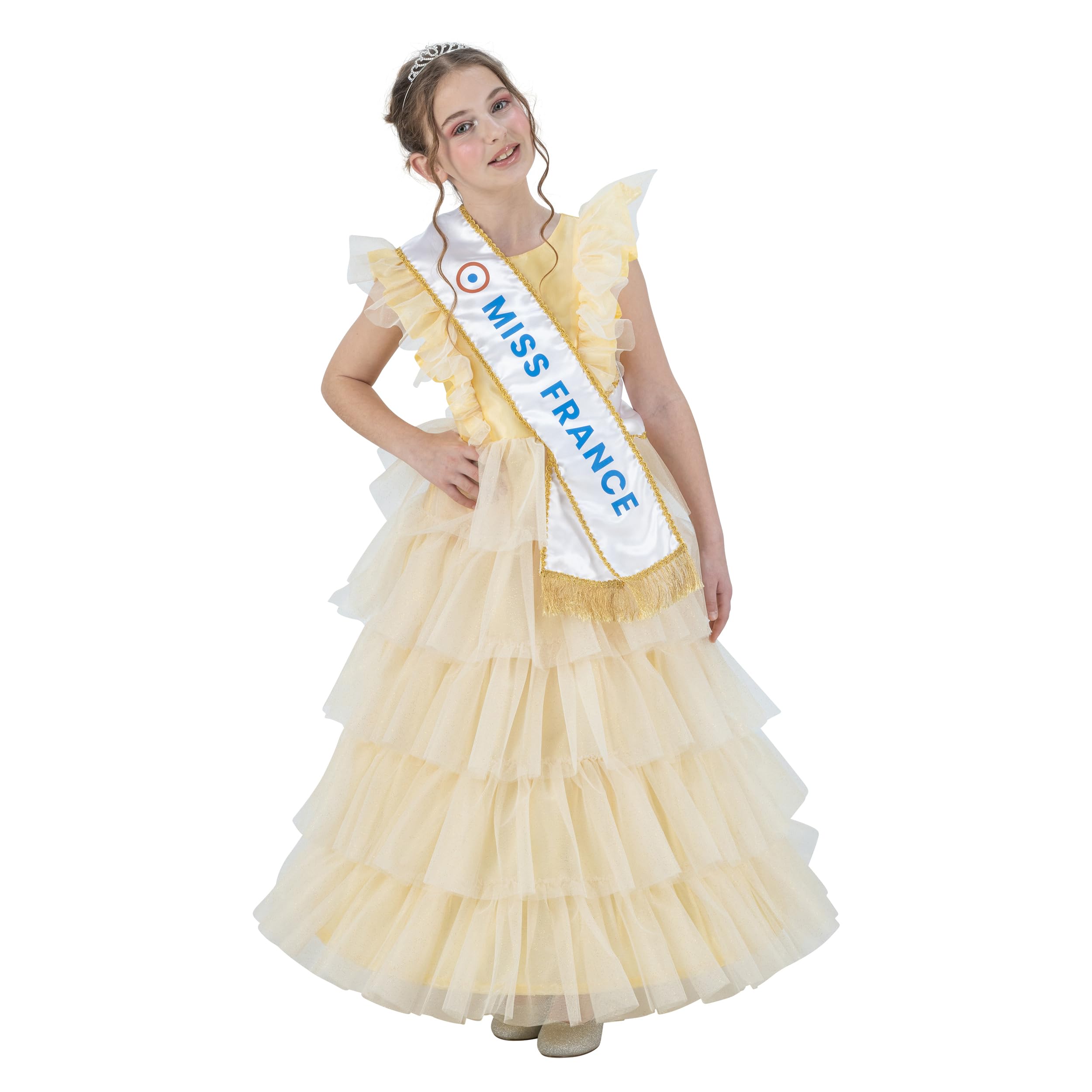 Chaks - Miss France Set per ragazze, costume ufficiale con abito, diadema e fascia, vestito per carnevale ed eventi