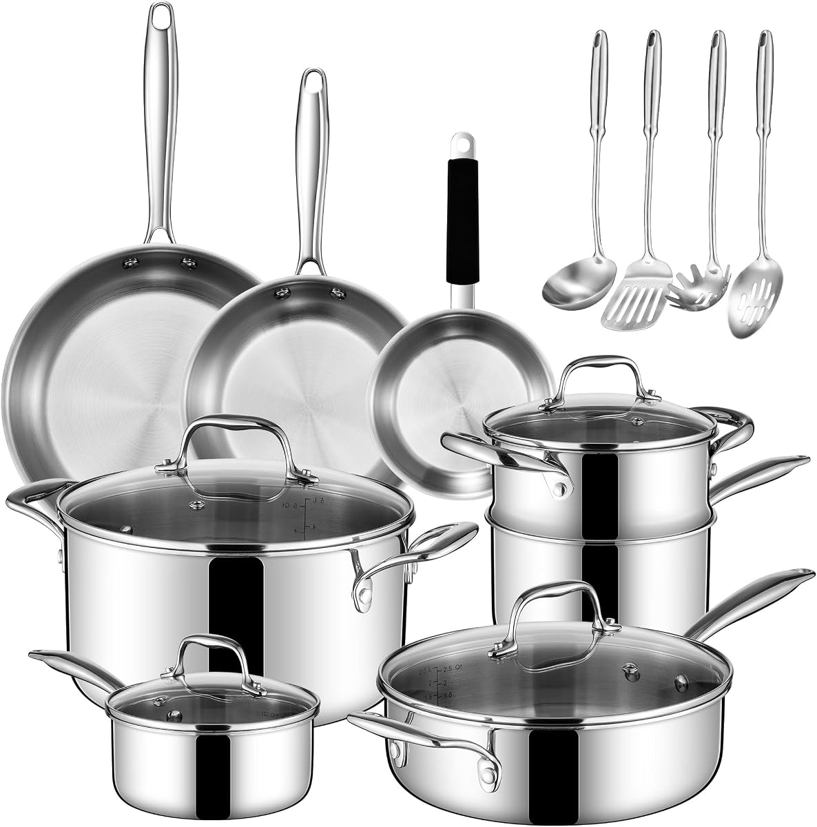 Tri Ply Stainless Steel Cookware Set, 16-Piece Pots and Pans Set with Kitchen Utensils and Steamer, Non-Toxic, Multiclad, Induction Oven Compatible, Dishwasher Safe