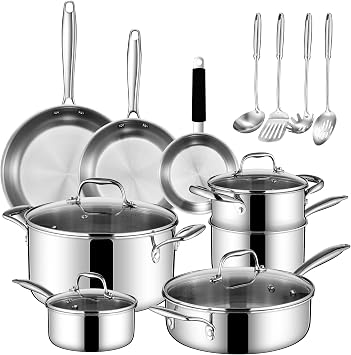 Tri Ply Stainless Steel Cookware Set, 16-Piece Pots and Pans Set with Kitchen Utensils and Steamer, Non-Toxic, Multiclad, Induction Oven Compatible, Dishwasher Safe