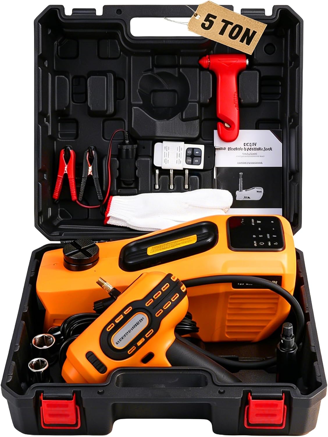 Trihelper Electric Car Jack 5 Ton 12V Hydraulic Jack Lift with Impact Wrench Touch Screen Tire Inflator Pump Wireless Remote 3 Mode LED Light for Roadside Tire Change Cars Sedans SUVs MPVs Trucks