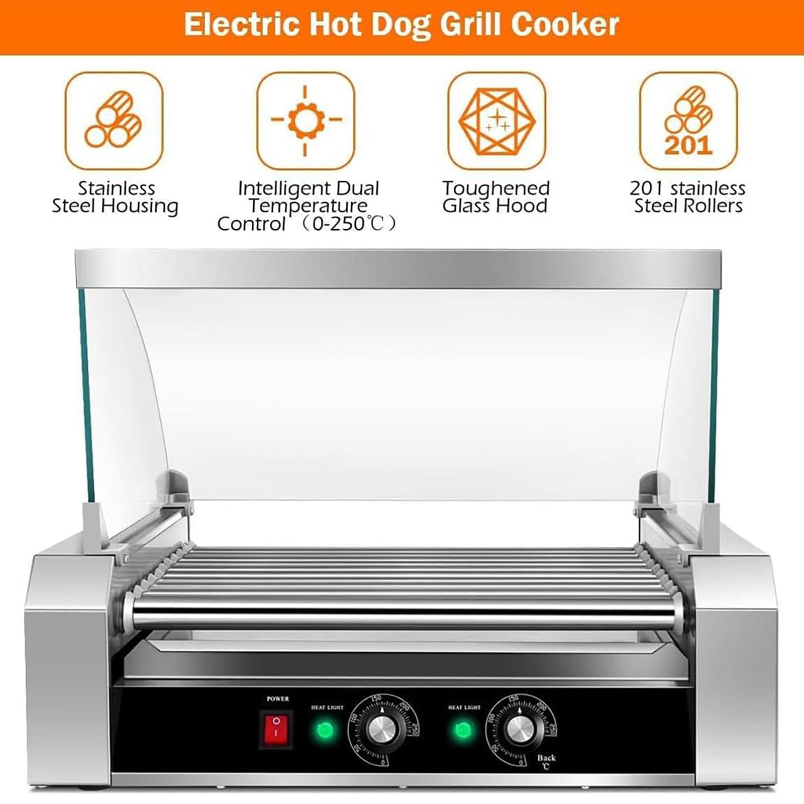 Olla para Parrilla de Salchichas con Rodillo para Perritos Calientes, Máquina Comercial con Rodillo para Perritos Calientes de Acero Inoxidable con Control de Temperatura Dual 5 Sticks