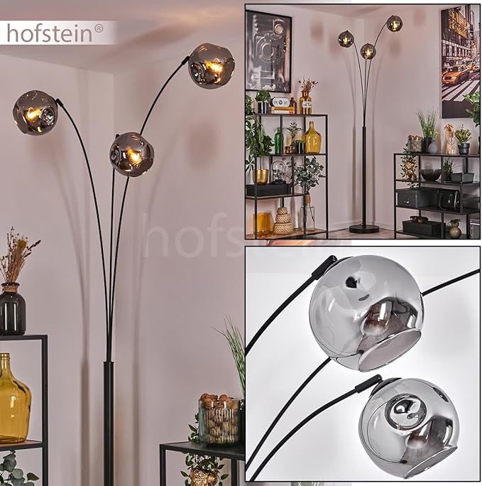 hofstein Staande lamp Ripoll, staande lamp van metaal/glas in zwart/rookkleur, lamp in modern retro/vintage design met glazen kap (Ø 15 cm) en voetschakelaar, hoogte 210 cm, 3 x E14, zonder gloeilamp photo 2