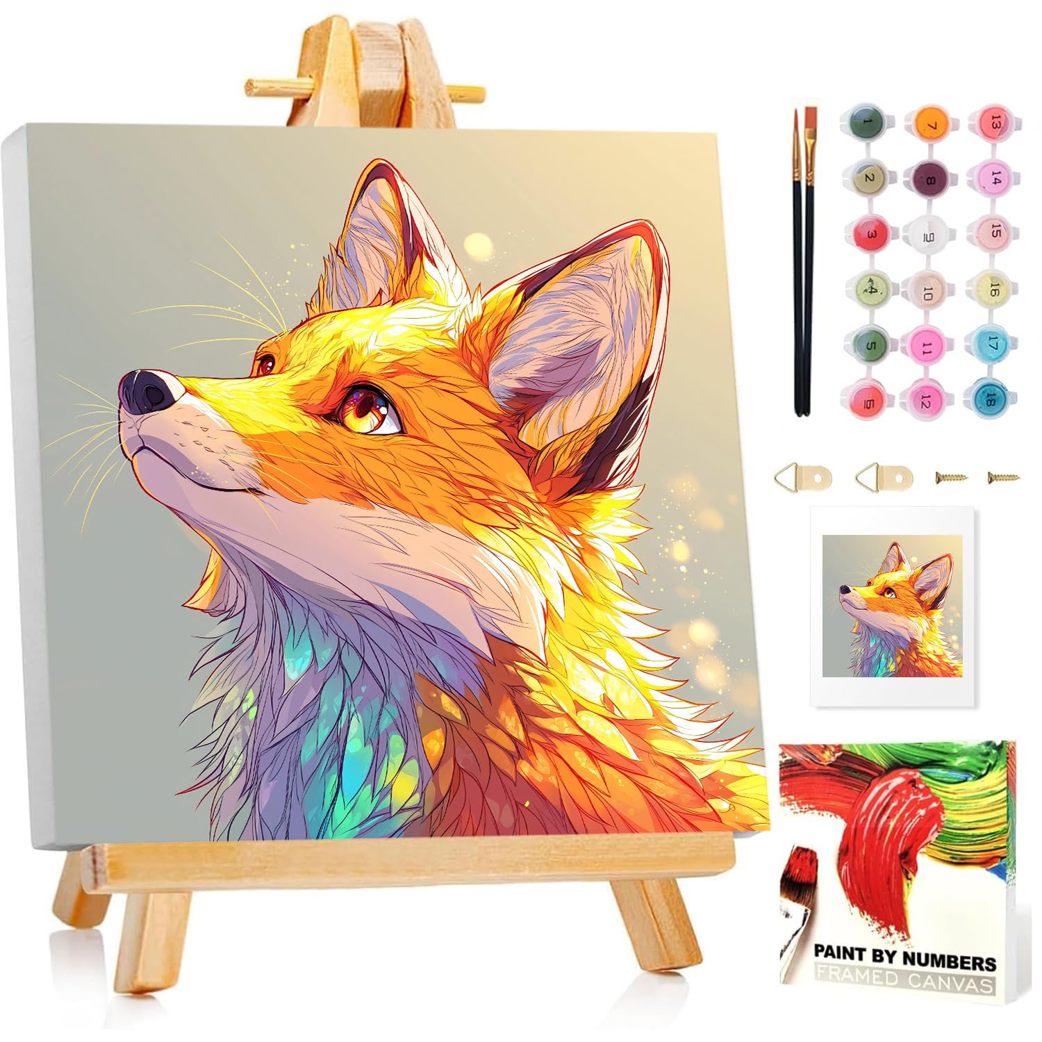 Malen Nach Zahlen Kinder mit Rahmen, Fuchs Malen nach zahlen kinder ab 5 6 7 8 9 10 Jahre, Malset mit Rahmen, Pinsel und Acrylfarben, Geschenk für Mädchen und Jungen, mit Glitzer 20x20cm