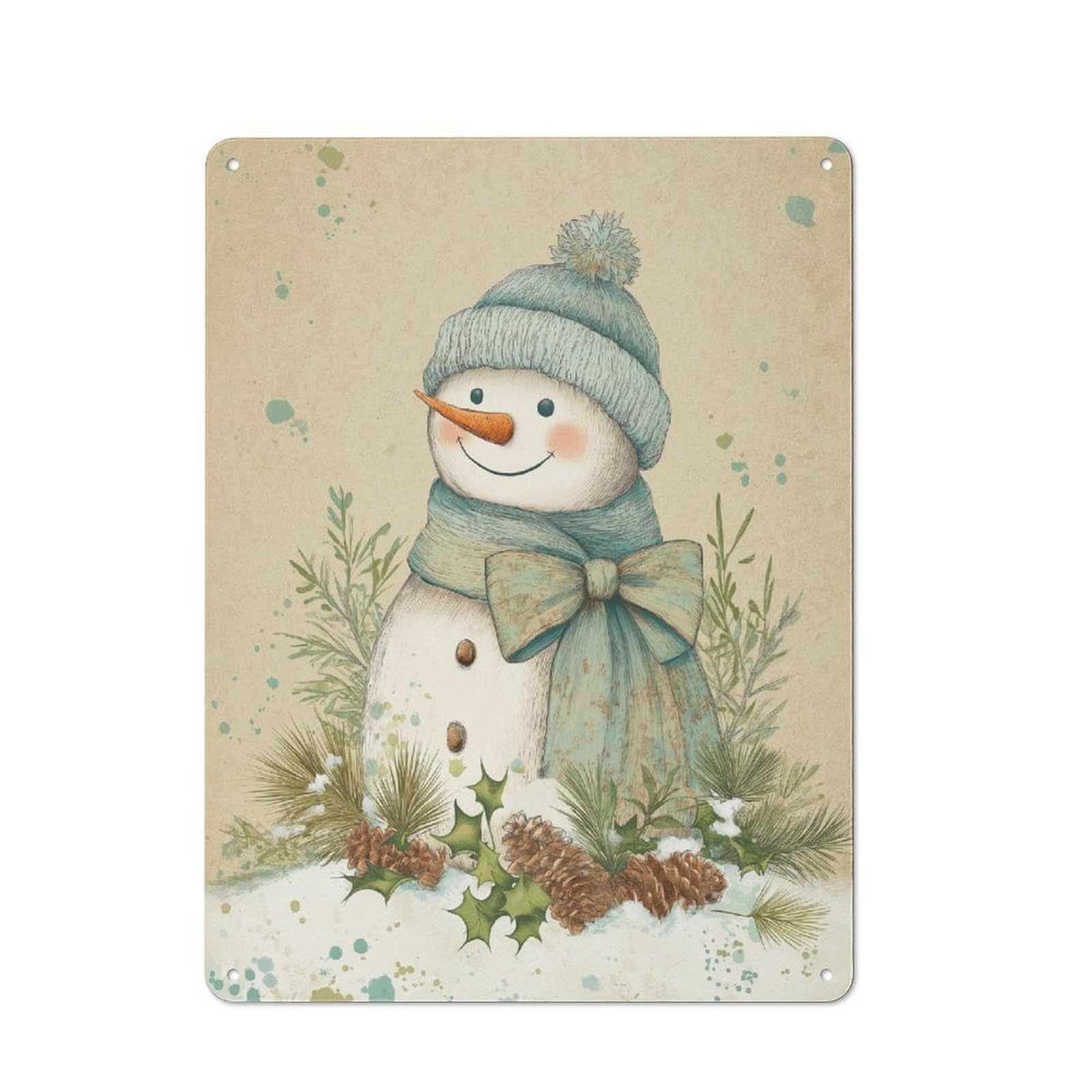 Junmoney Snowman With Pinecones And Holly Understated Decorative Metal Sign 40X30cm Featuring Study Room Decor For Workspace, Cafe, Shop Or Desk Area