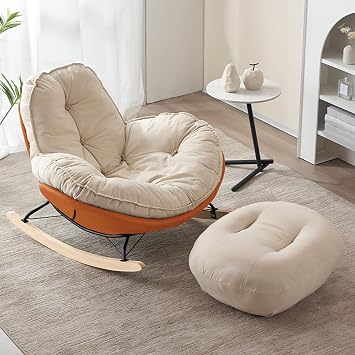 Rocking Chair, Reclining Chair, Nordic, Rocking, Reclining Personal Easy Chair, Balcony Relax Chair, Easy Assembly, Soft, Comfortable Seating, Living Room, Bedroom, Home Use, Single Chair, Cradle, F