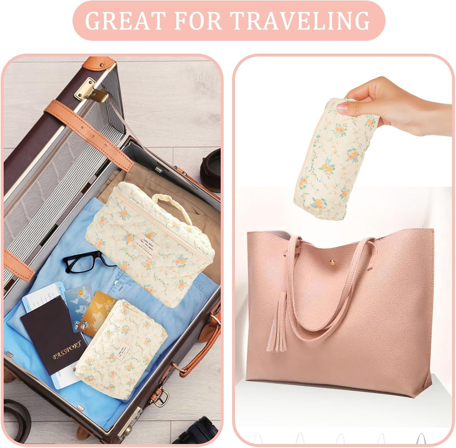 3 Pcs Floral Makeup Bag Set, Cute Makeup Bags Quilted Toiletry Travel Skincare Bag, Quilted Makeup Aesthetic Floral Pouch, Make Up Bag Set Cute Large Cosmetic Bags for Women