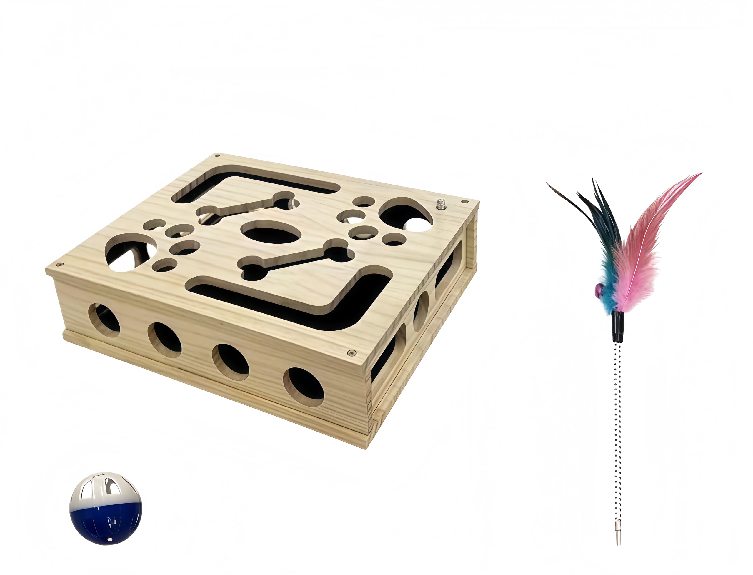 MEIION Pfotenprofis Katzen Beschäftigungsbox aus Holz mit Sandpapier und 3 Klingelbällen, interaktive Kratzkiste für Indoor Katzen, schützt Möbel und ideales Katzenspielzeug für Kätzchen