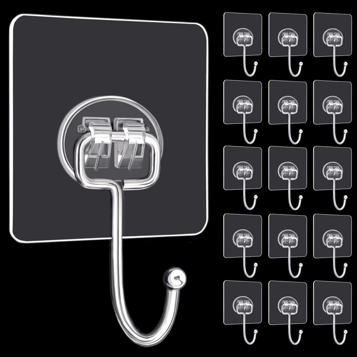 DKHDBD Large Adhesive Hooks, 16-Pack Hold 44lb(Max) Heavy Duty Sticky Hooks, Waterproof Transparent Hooks for Hanging, Self-Adhesive Traceless Clear Wall Hooks to Use for Keys Robe & Towel