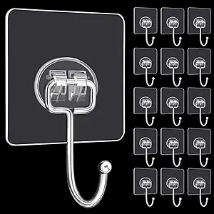 DKHDBD Large Adhesive Hooks, 16-Pack Hold 44lb(Max) Heavy Duty Sticky Hooks, Waterproof Transparent Hooks for Hanging, Self-Adhesive Traceless Clear Wall Hooks to Use for Keys Robe & Towel