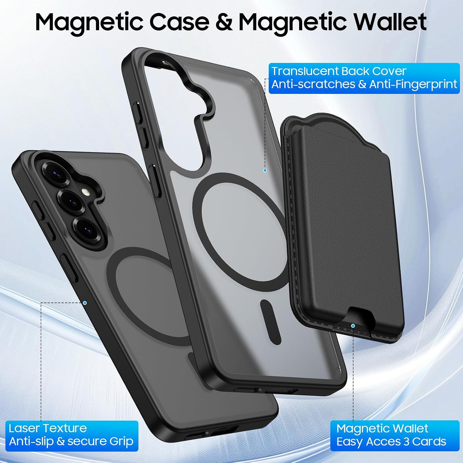 Magnetic for Samsung Galaxy S26 Case, Detachable Magnetic Wallet with Card Holder, [Fit for MagSafe] Military-Grade Shockproof Translucent Matte Anti-Scratch Phone Case, Black