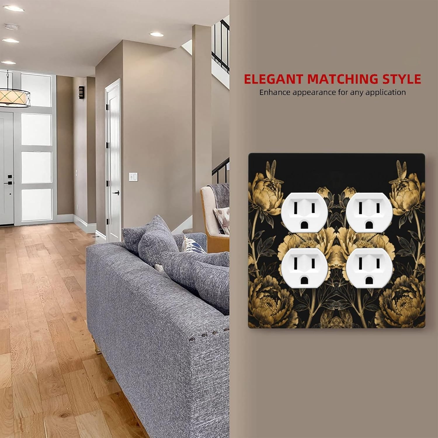 Decorative Outlet Covers Black Gold Peony Floral Dragonfly 2 Gang Light Switch Cover Plate Double Duplex Wall Plates for Electrical Outlets Switch Plate Covers for Bedroom Home Decor