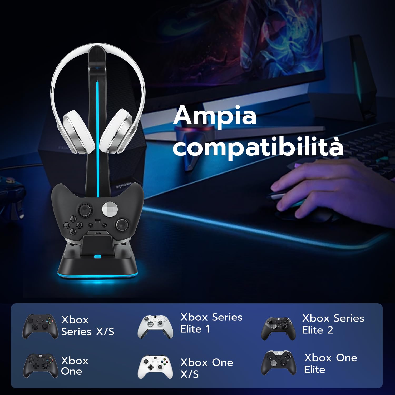 Wigearss Stazione di Ricarica, Caricatore per Xbox Series X/S, Xbox Elite 1/2, Xbox One, Xbox One X/S Controller DualSense con Supporto per Cuffie, Illuminazione RGB