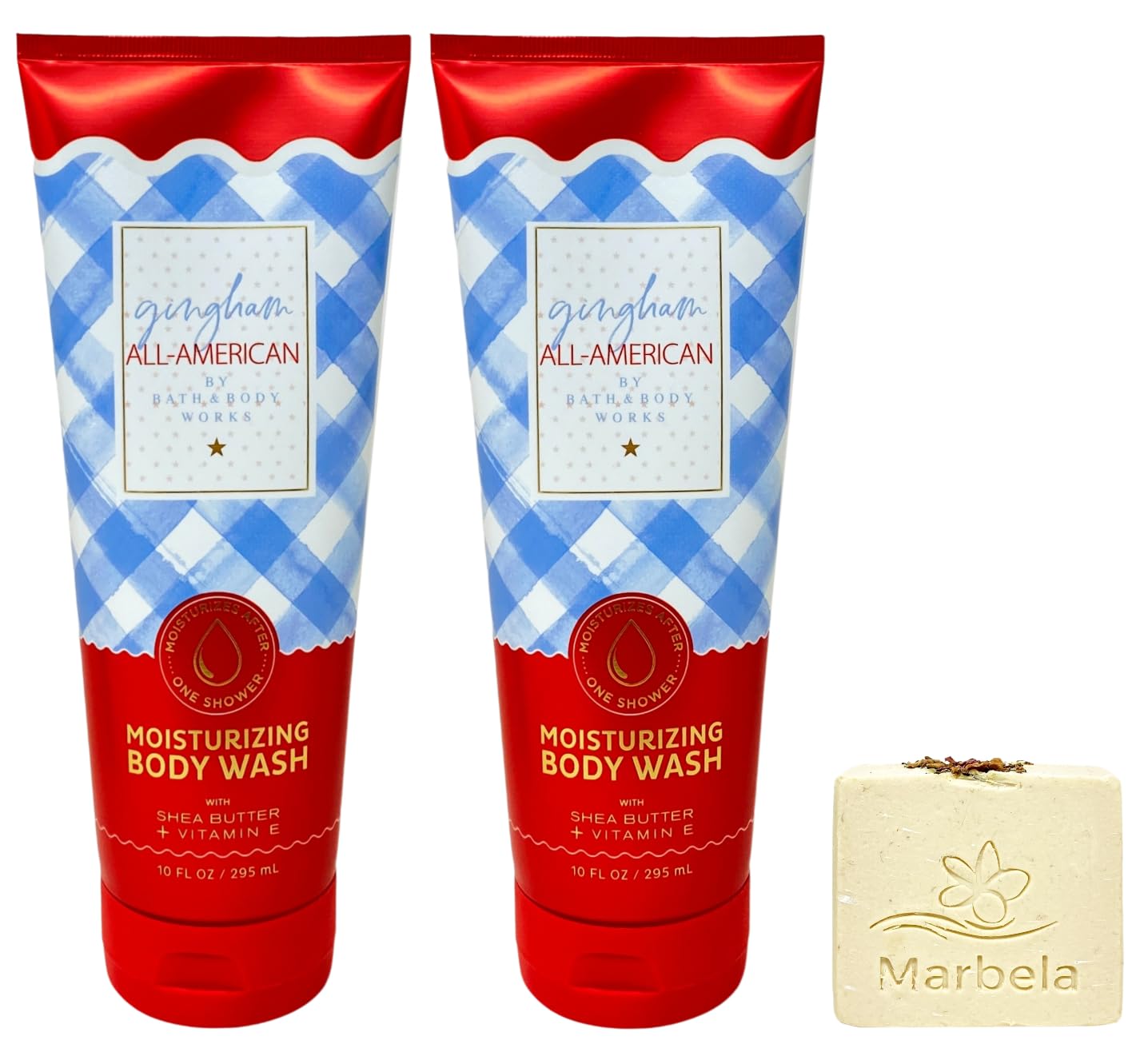 Bath & Body Works Gingham All-American 2 Moisturizing Body Washes with a Creamy Rose Bar Soap