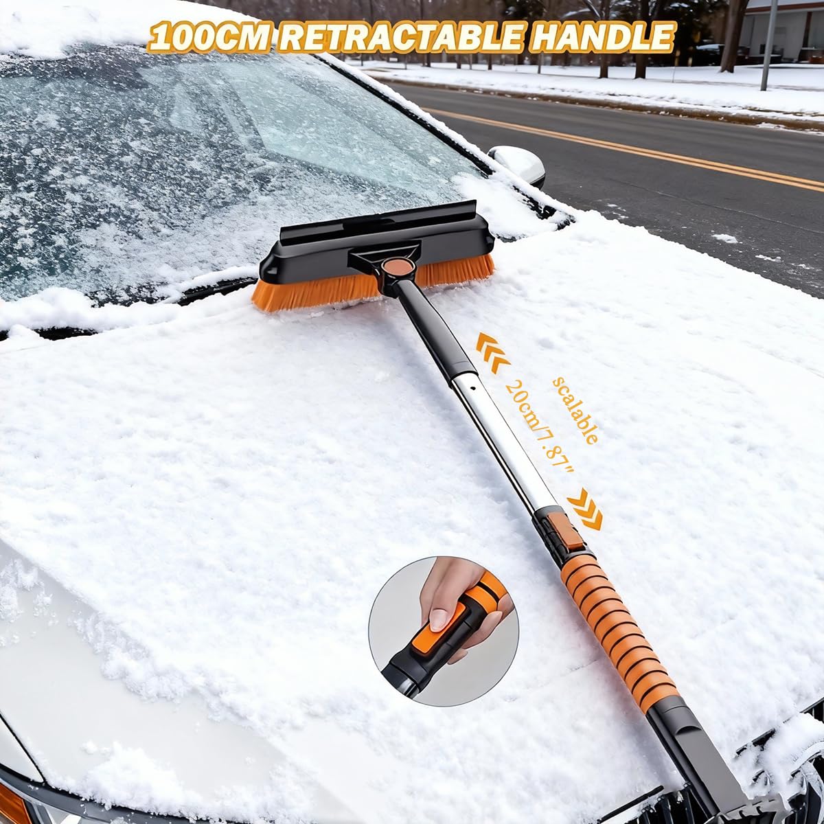 2-in-1 abnehmbare Auto-Schneebürste mit Eiskratzer, ausziehbare Schneeräumwerkzeuge für Auto, SUV, LKW, mit ergonomischem Schaumstoffgriff, drehbarer Bürstenkopf