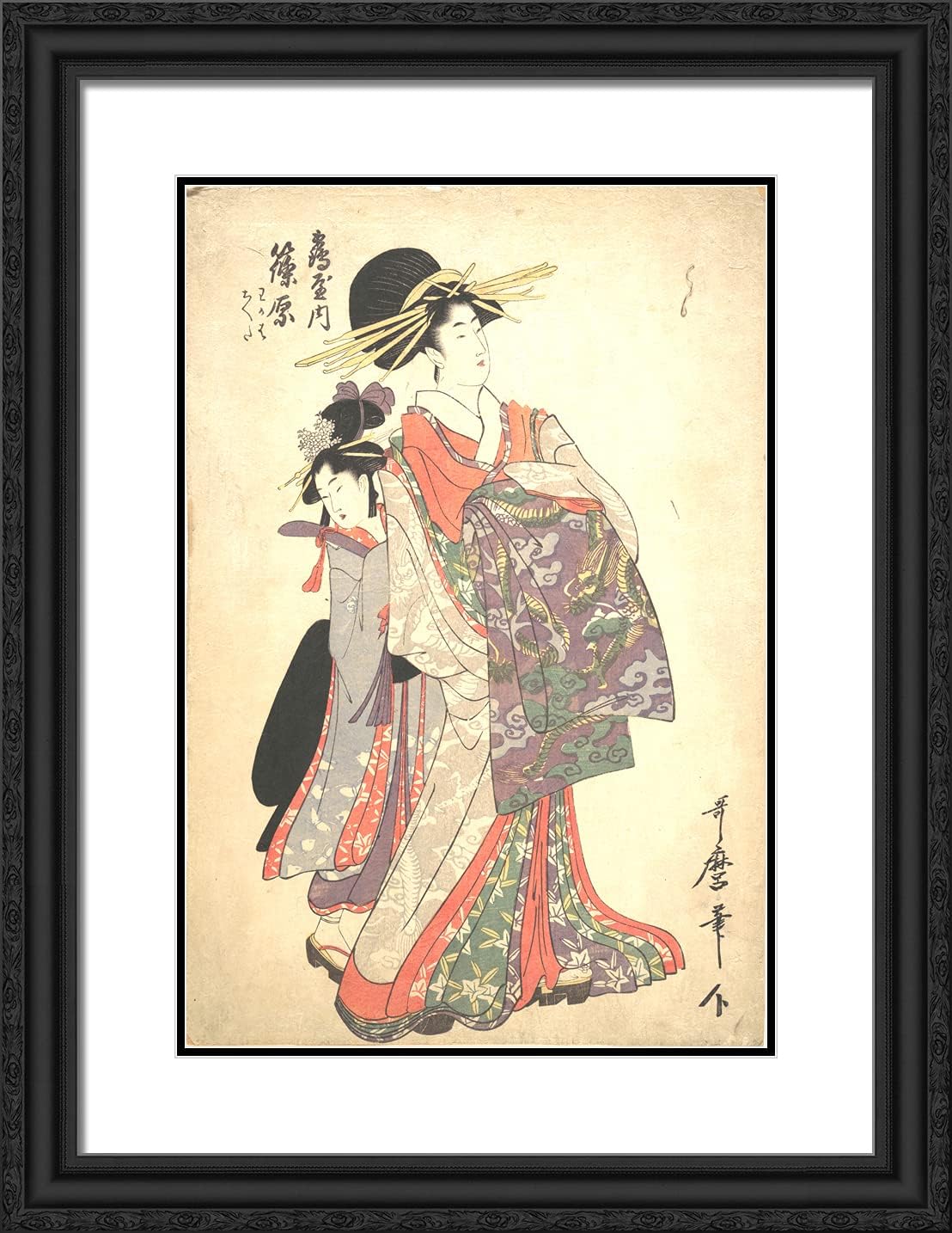 ArtDirect Utamaro, Kitagawa 19x24 Gold Ornate Framed Art Print with Double Matting Titled: Courtesan Shinohara and Kamuro of Tsuruya