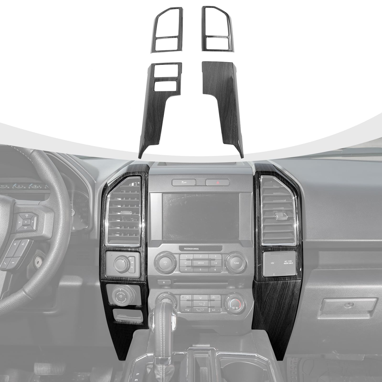 RAZPOY for F150 Interior Trim Kit, 4PCS Center Console AC Dash Dashboard Panel Covers Trim Compatible with Ford F150 2015-2020 Accessories Black Wood Grain