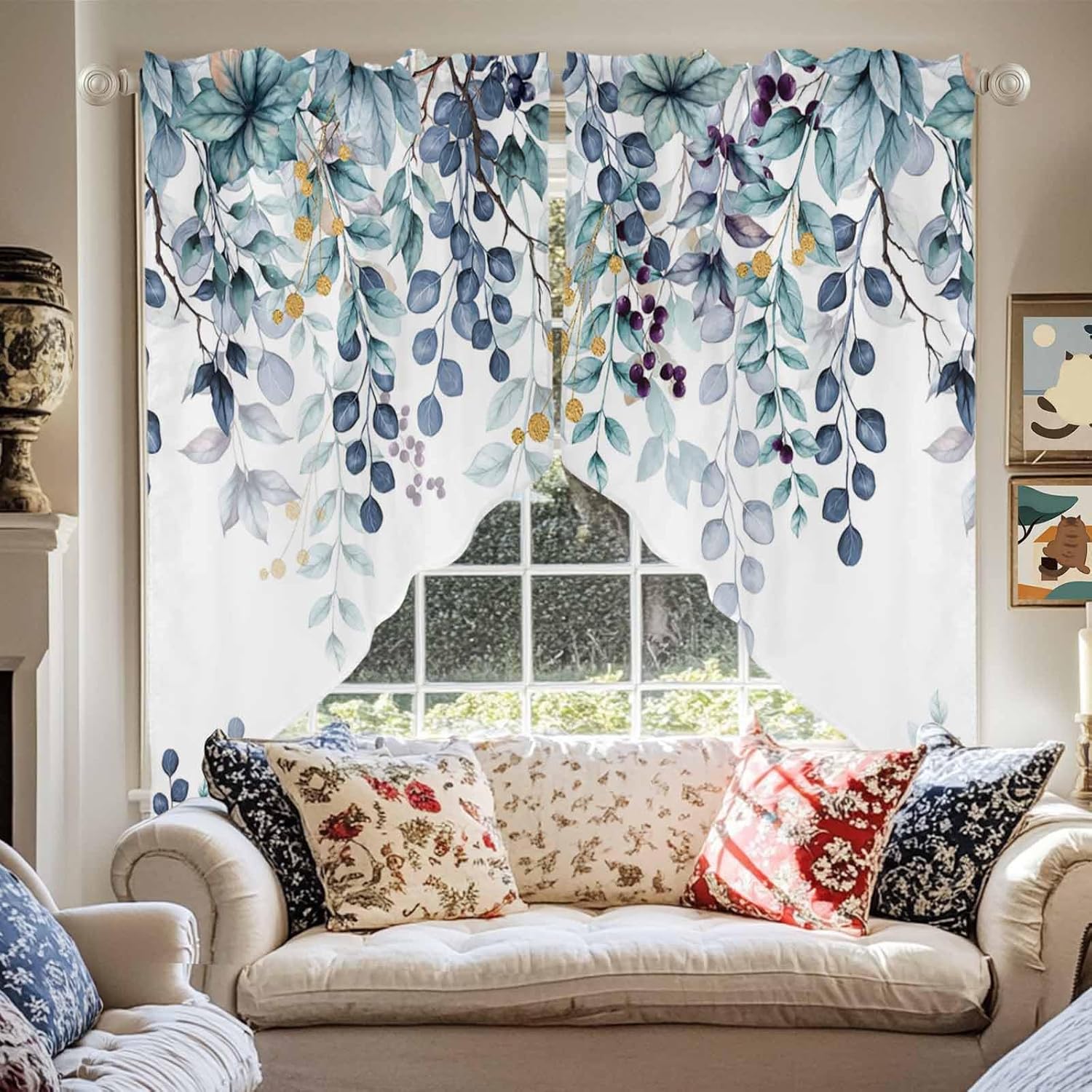 2 Piece Farmhouse Curtains Valances for Windows, Abstract Art Blue Green Leaves Rod Pocket Curtain Swag Topper Set, Light Filtering Window Curtains Valance Panels for Bathroom Bedroom 36x45 Inch