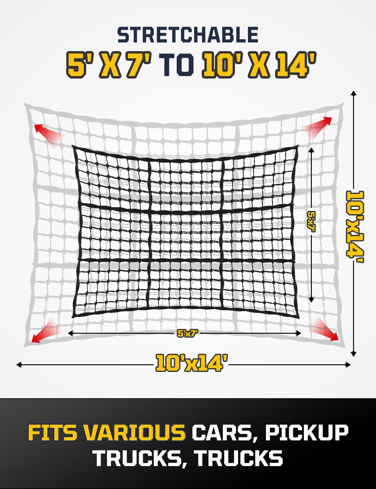 AUTOWN Rete da carico per letto pick-up – estensibile da 1,5 m x 7 'a 10 'x 14' con maglia 10,2 x 10,2 cm, resistente cavo elastico da 10 mm con 12 moschettoni in metallo, ideale per ATV, SUV, UTV e
