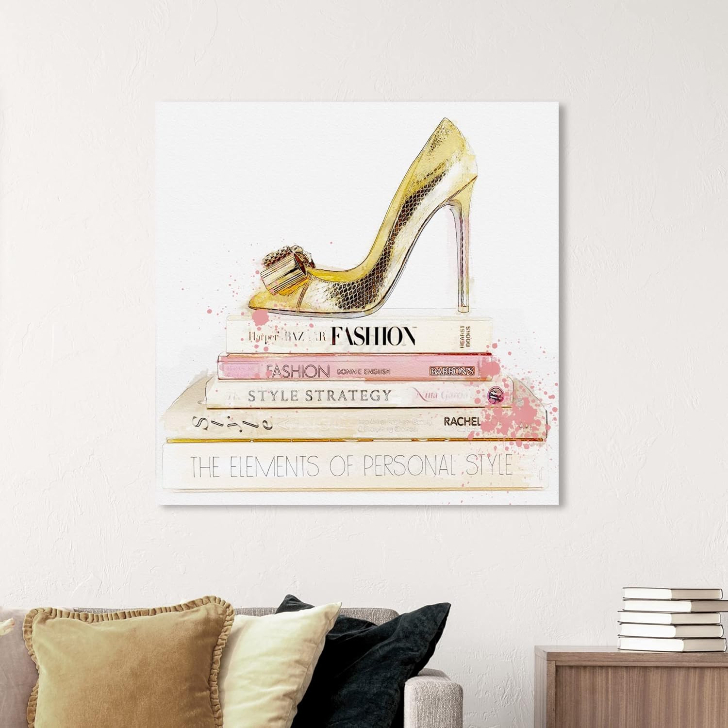Oliver Gal Artist Co. Fashion and Glam, Canvas Wall Art, 'Gold Shoe and Blush Books' Books, Ready to Hang Living Room, Bedroom and Bathroom Home Décor, 40x40, Gold Canvas Art