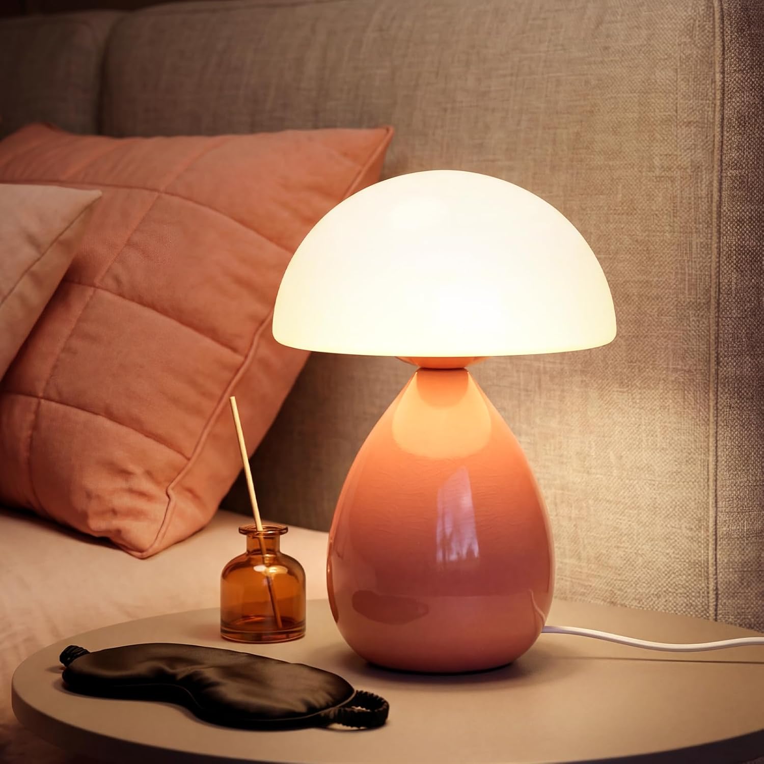 Mushroom Table Lamp for Bedroom, Small Lamp for Living Room, Bedside, Nightstand, Desk, Unique Aesthetic Cute Tiny Modern Office Home Decor, Birthday Gifts for Women, Ceramic, Blue