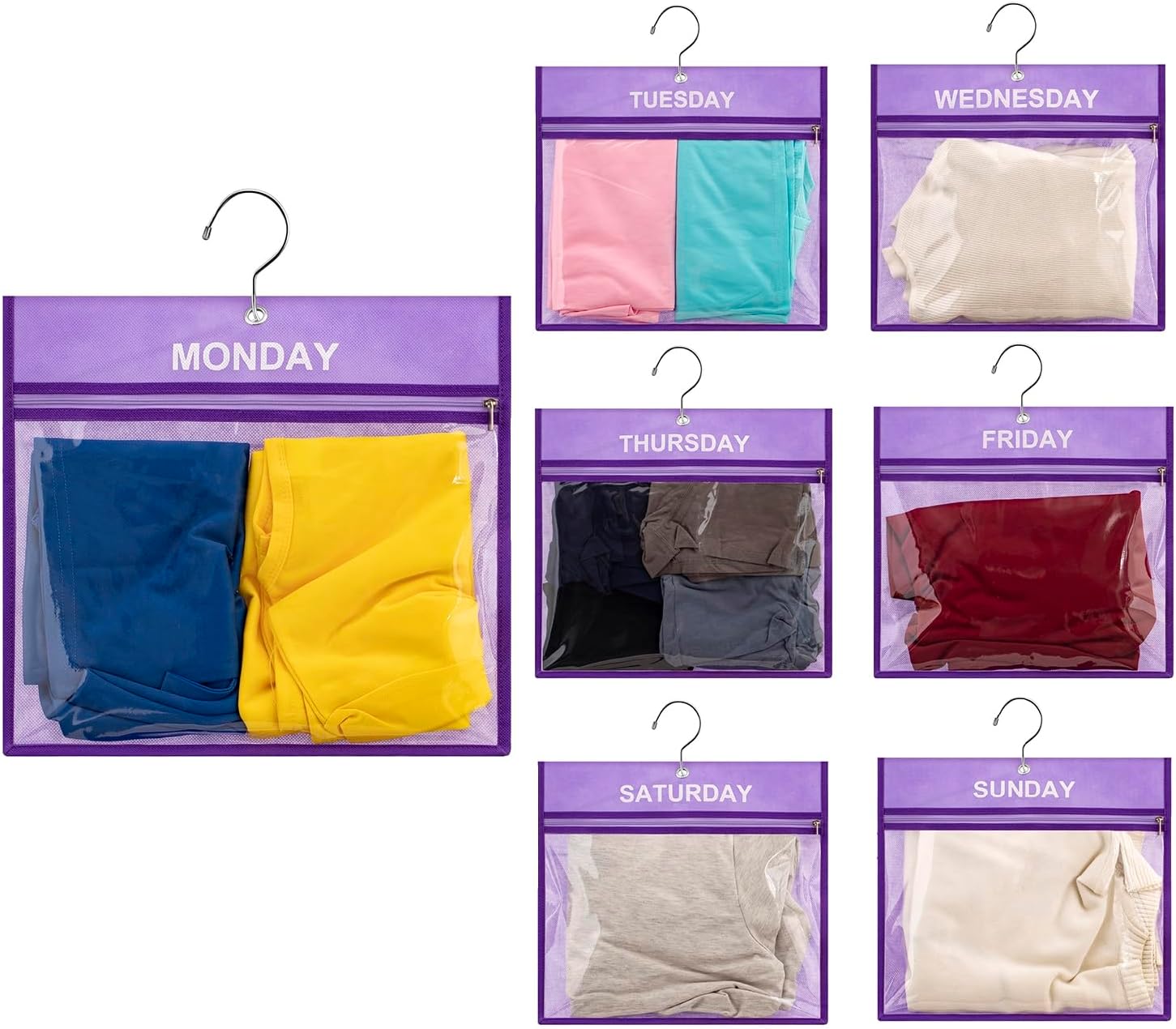 7 Pcs Weekly Travel Organizer Pouches Day of Week Clothing Packing Cubes Monday to Sunday School Clothes Organizer for Kids (Purple)