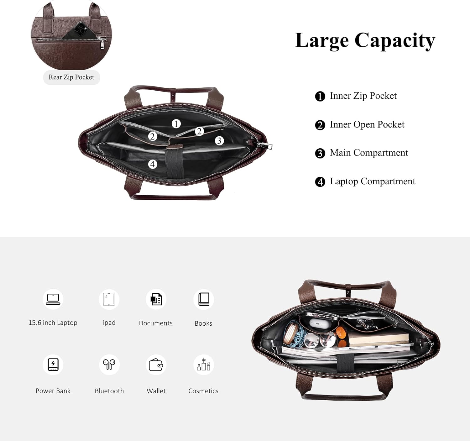 Leather Work Tote for Women, Full-Grain Leather, Structured Business Tote, Padded 15.6” Laptop, Minimalist - Pro Look | Polished First Look, No Slouch, Stands - Image 5