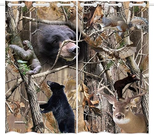 Miniatura 2 de Cortinas opacas 2 paneles de cortinas con ojales para dormitorio, diseño de oso de camuflaje, ciervo, ardilla, 54 pulgadas de ancho x 84 pulgadas de