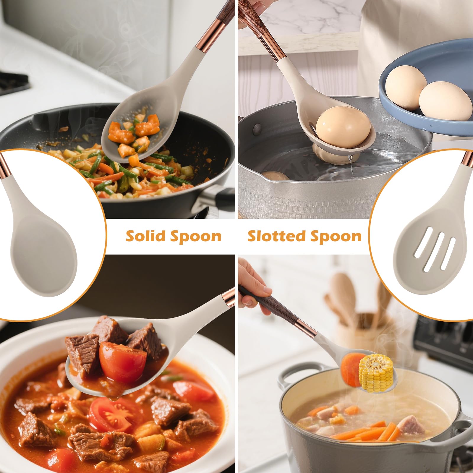 MANJIA Cucharas de cocina de silicona sólidas y ranuradas, antiadherentes, resistentes al calor, juego de cucharas de cocina de silicona resistentes para mezclar, servir, revolver, freír, untar 2