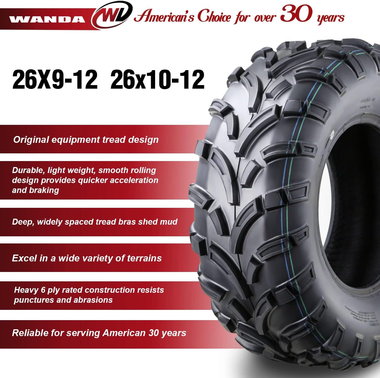 WANDA Set of 4 ATV/UTV Tires 26x9-12 Front & 26x10-12 Rear /6PR P373-10257/10259