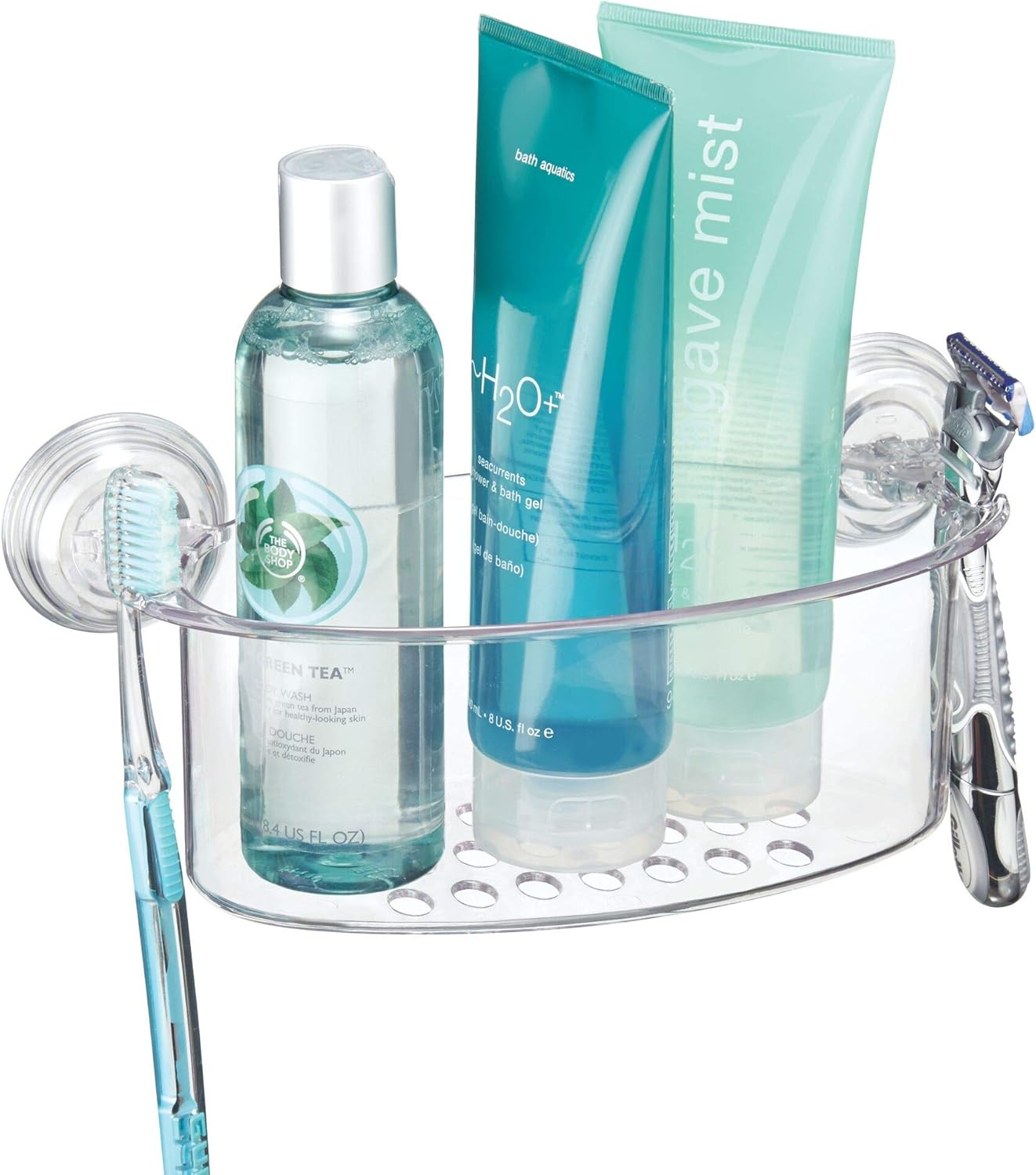 iDesign 52320 Power Lock Shower Storage Basket, Plastic Shower Tray with Strong Suction Cups