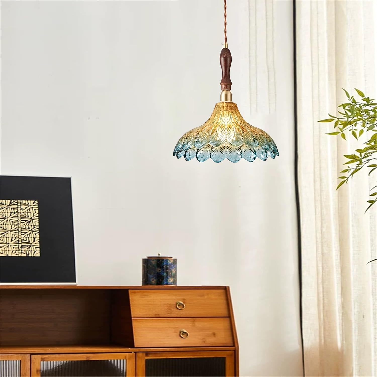 Vintage Glass Chandelier, 9.8 Inch Flower Pendant Light for Bedroom, Hallway, Balcony, Bedside, Bar, Adjustable Height up to 59.1 Inch, Blue