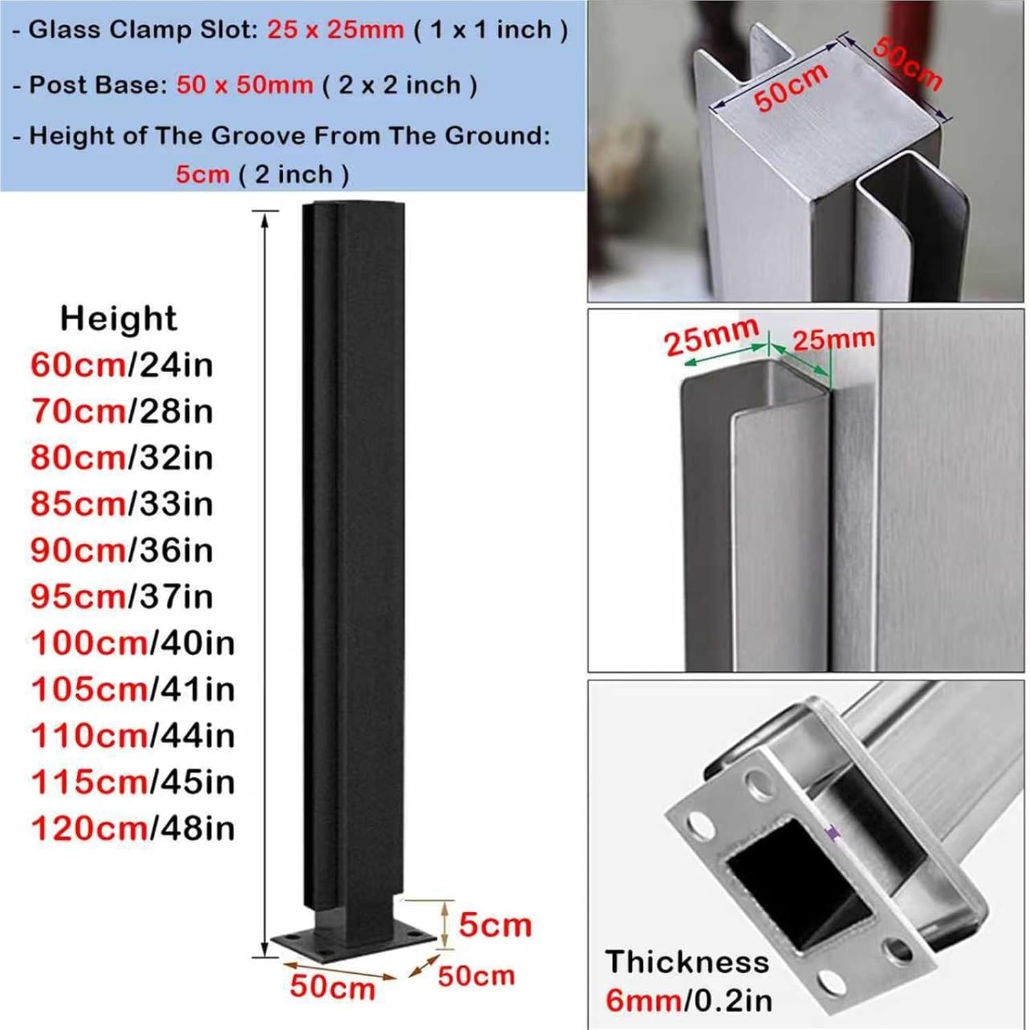 Stainless Steel Railing Column for Balconies, Decks & Corridors - 95cm Vitreous Glass Balustrade Post, Durable & Stylish Outdoor Barriers