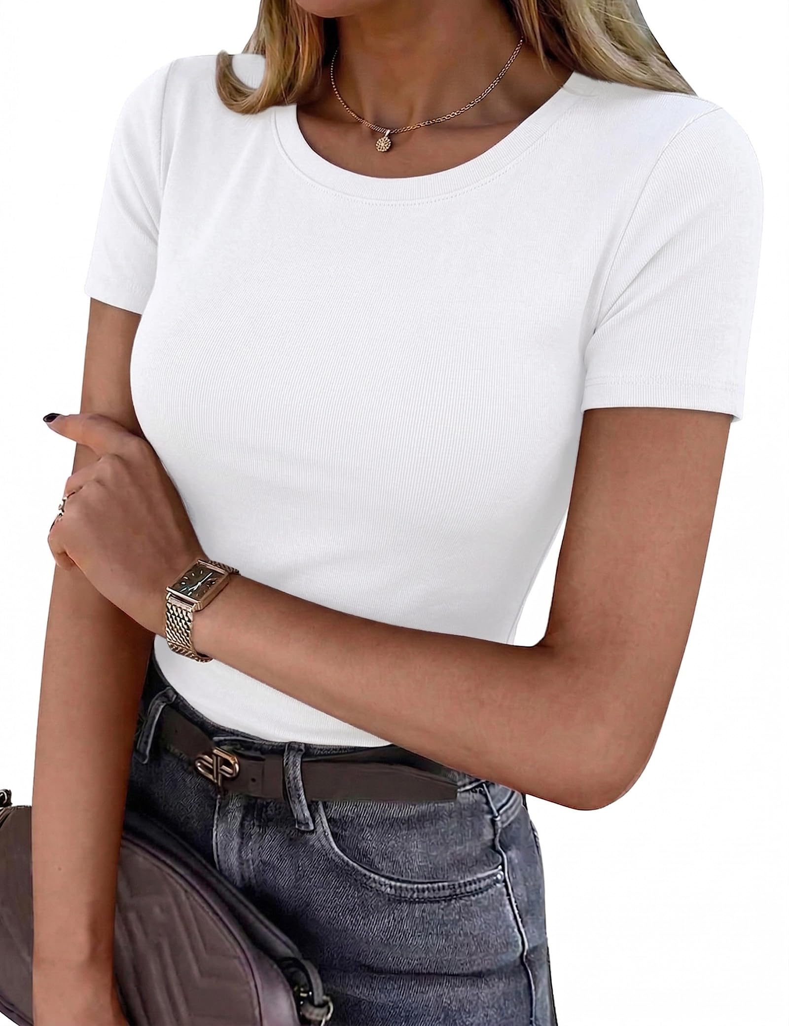 Totatuit Damen T-Shirt Rundhals Sommer Oberteile Kurzarm Basic Tee Shirts Elegant Slim Fit Tshirt Stretch Tops Einfarbig