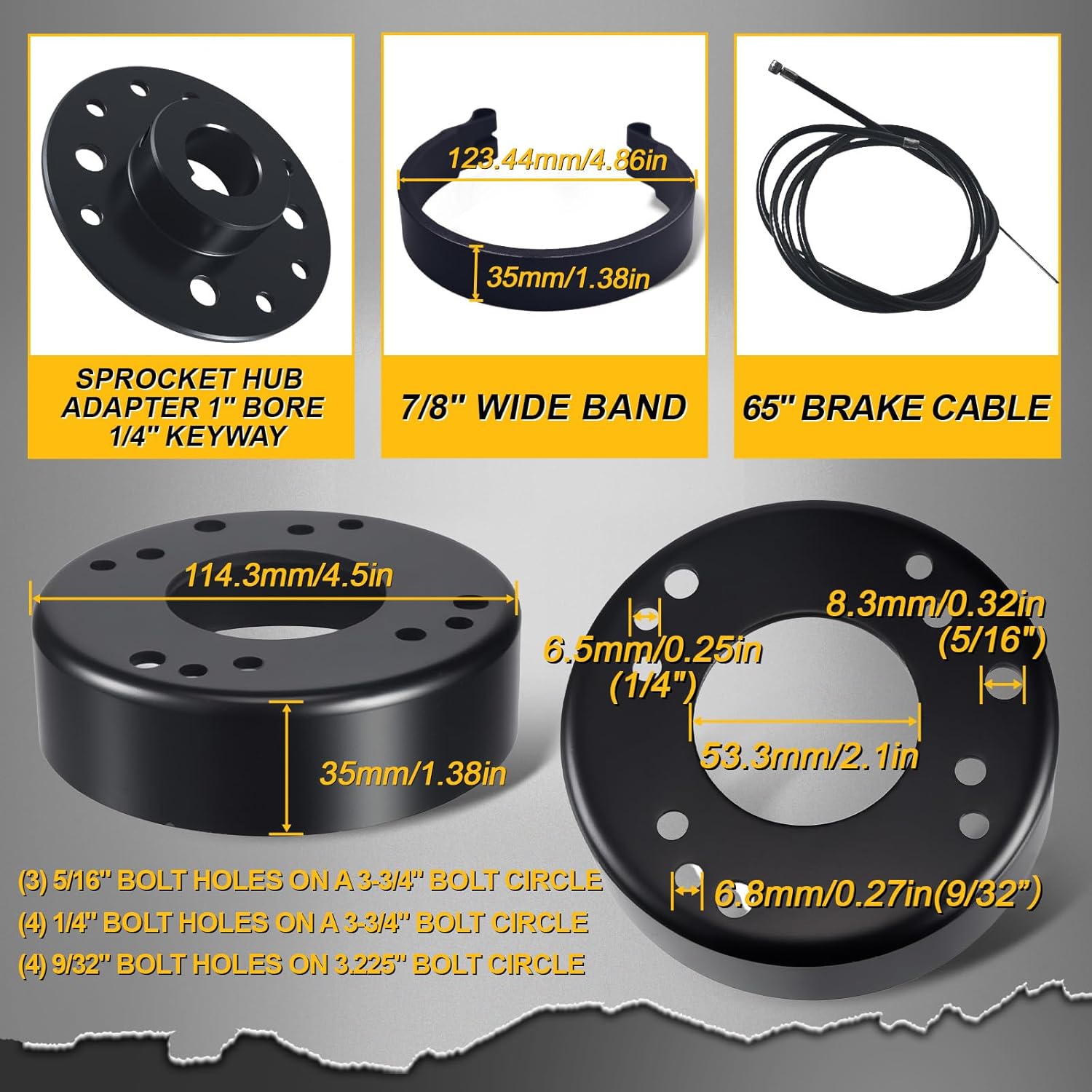 4.5" Rear Drum Brake Band Cable Kit with Sprocket Hub Adapter 1" Bore 1/4" Keyway For Go Kart Cart Drift Trike Mini Bike Dune Buggy Quad ATV For Predator 212cc 196cc 5.5hp 6.5hp Parts - Image 4
