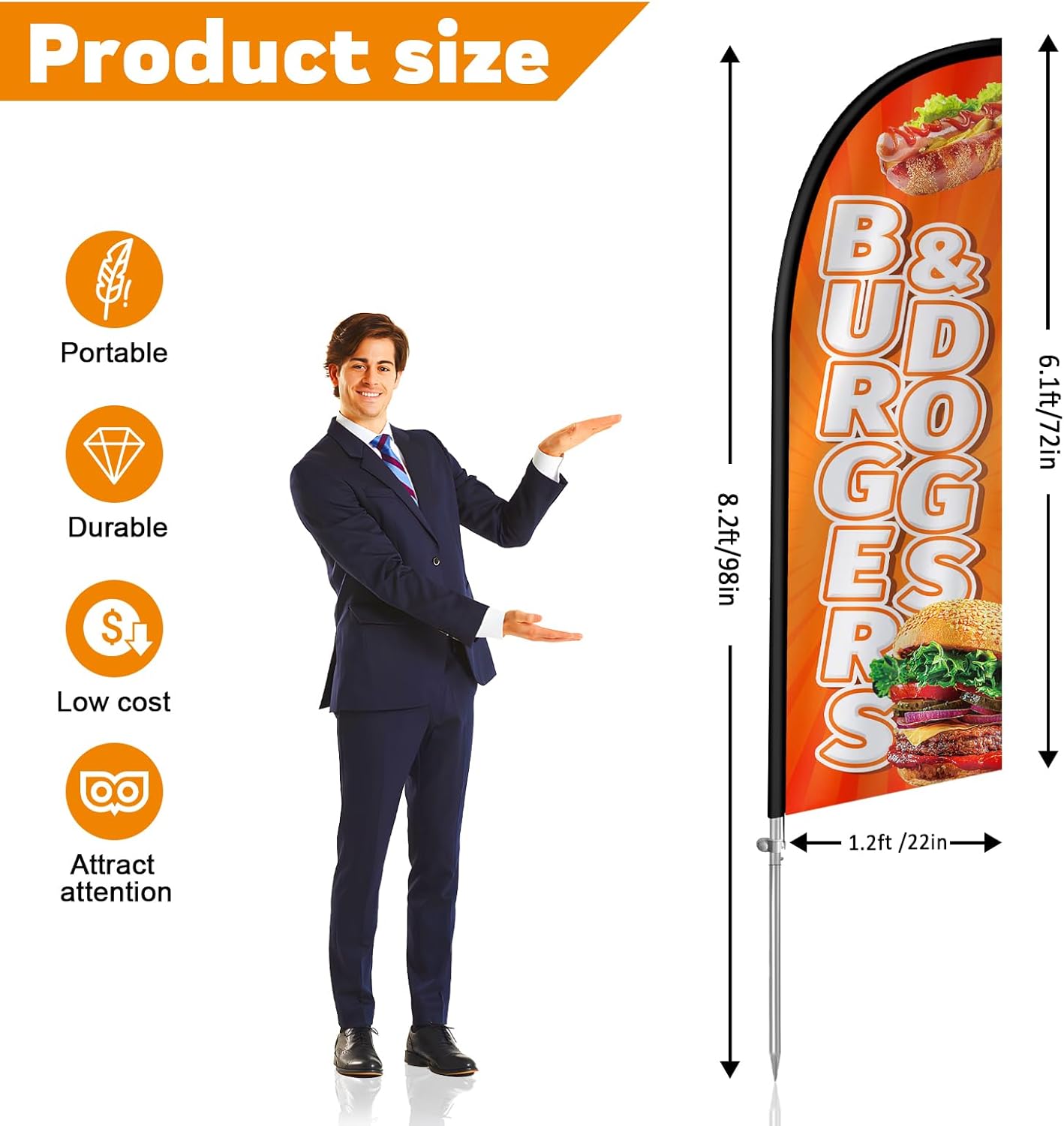 Burger Flag for Business, Burger Signs, 8FT Polyester Advertising Swooper Flag with Aluminium Alloy Flag Pole Kit, Stainless Steel, Ground Spike, Portable Bag