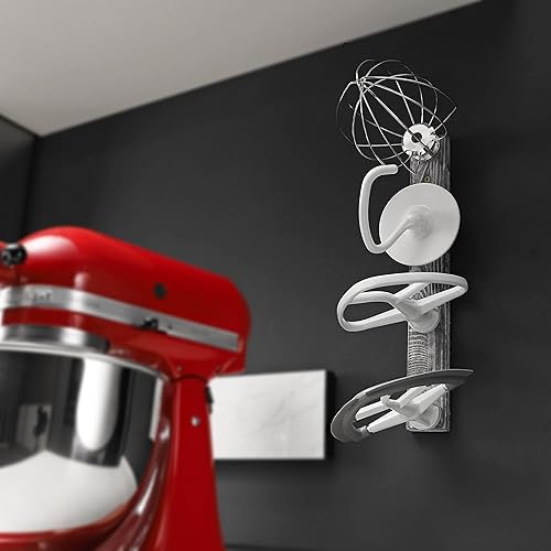 Miniatura 6 de Soporte para batidora de pie, soporte de madera montado en la pared con 4 ganchos de plástico blanco, accesorios de cocina, piezas organizadoras de
