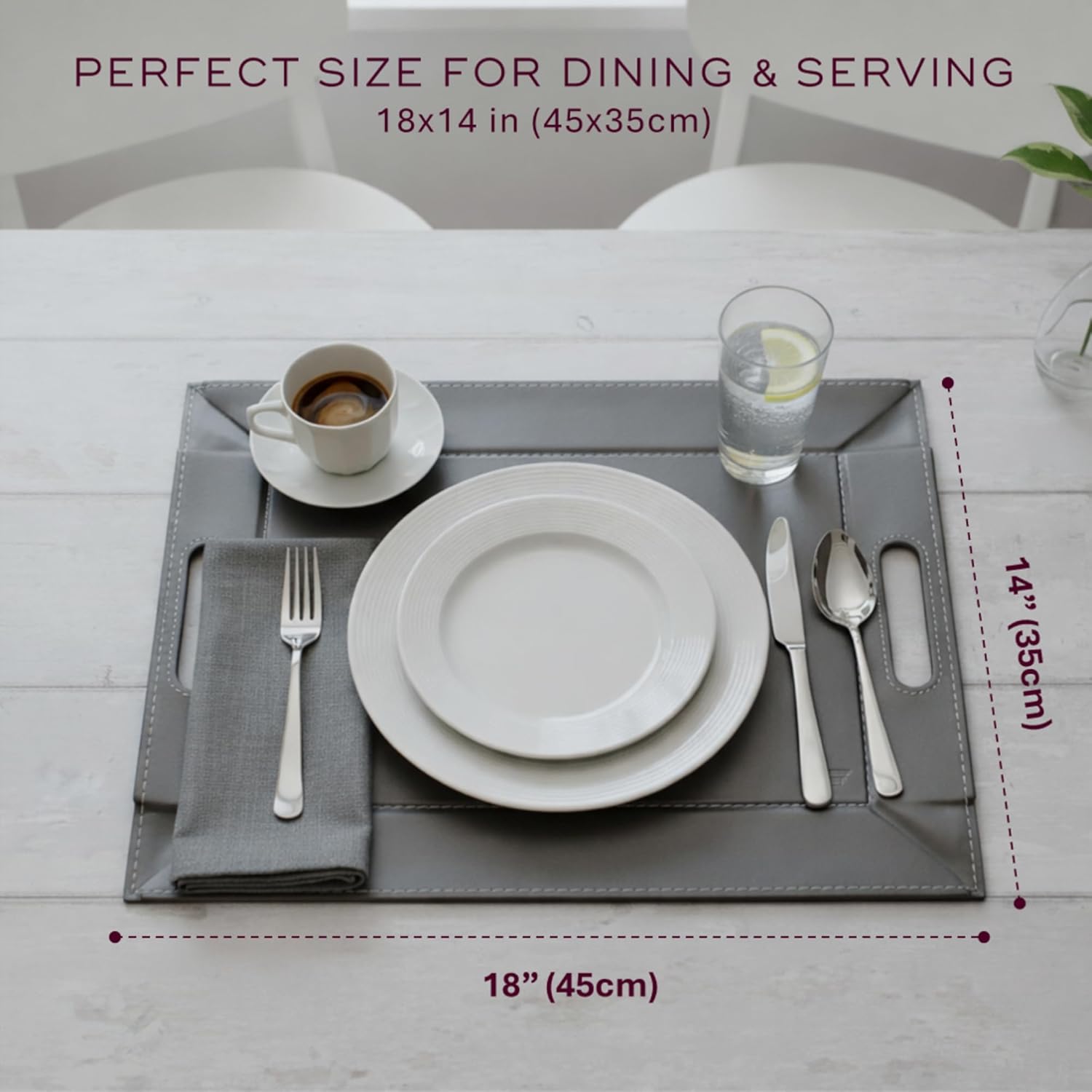 FREEFORM PLACEsMAT 2-in-1 Faux Leather Placemat & Serving Tray | Reversible Design, Lays Flat & Easy to Clean | Ottoman Food Tray, Perfect Housewarming Gift, 18” x 14” (Grey & White, Single)