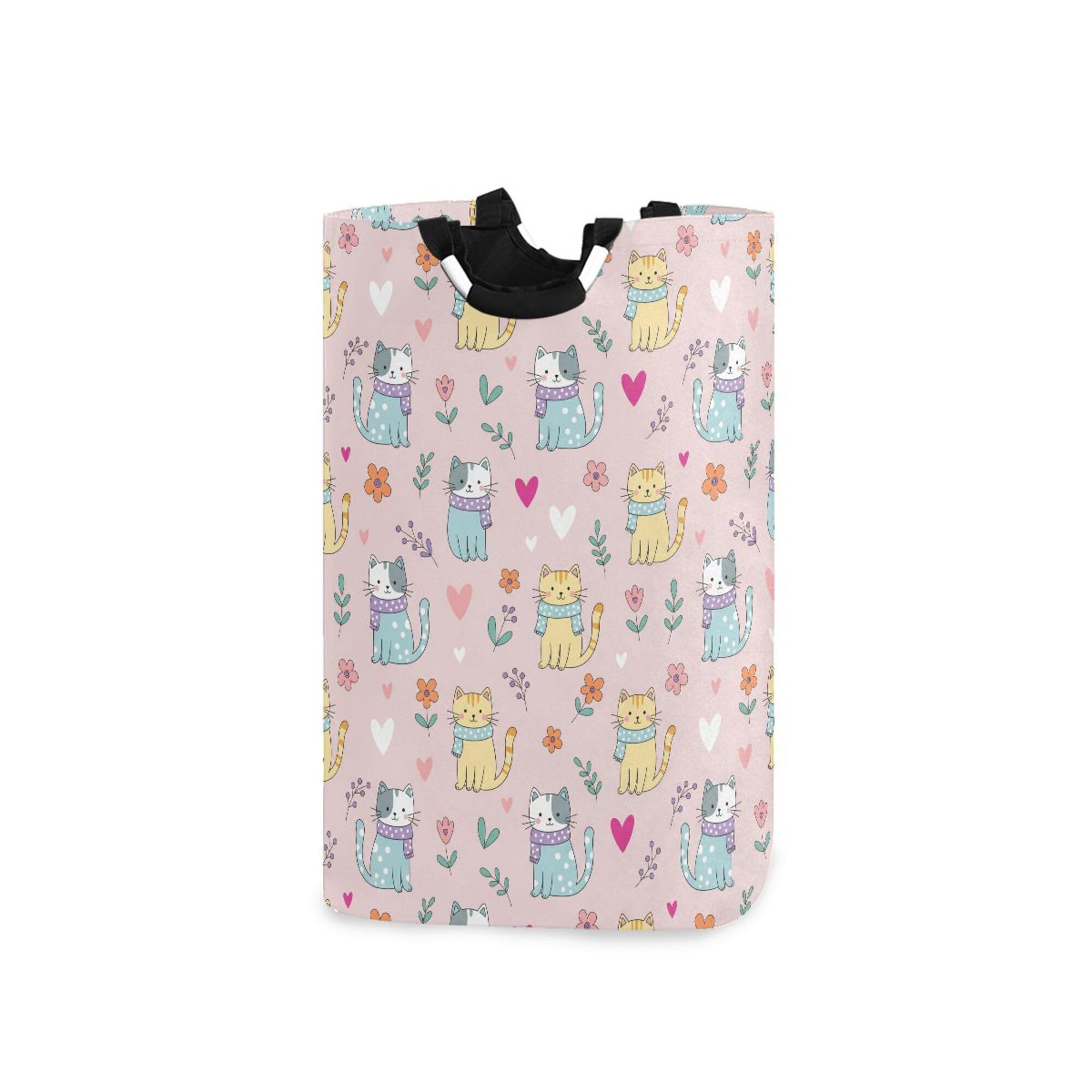 ALAZA Large Collapsible Laundry Basket with Handles, Pink Lovely Cat Floral Washing Baskets Laundry Bags Hamper for Bedrooms Cloth
