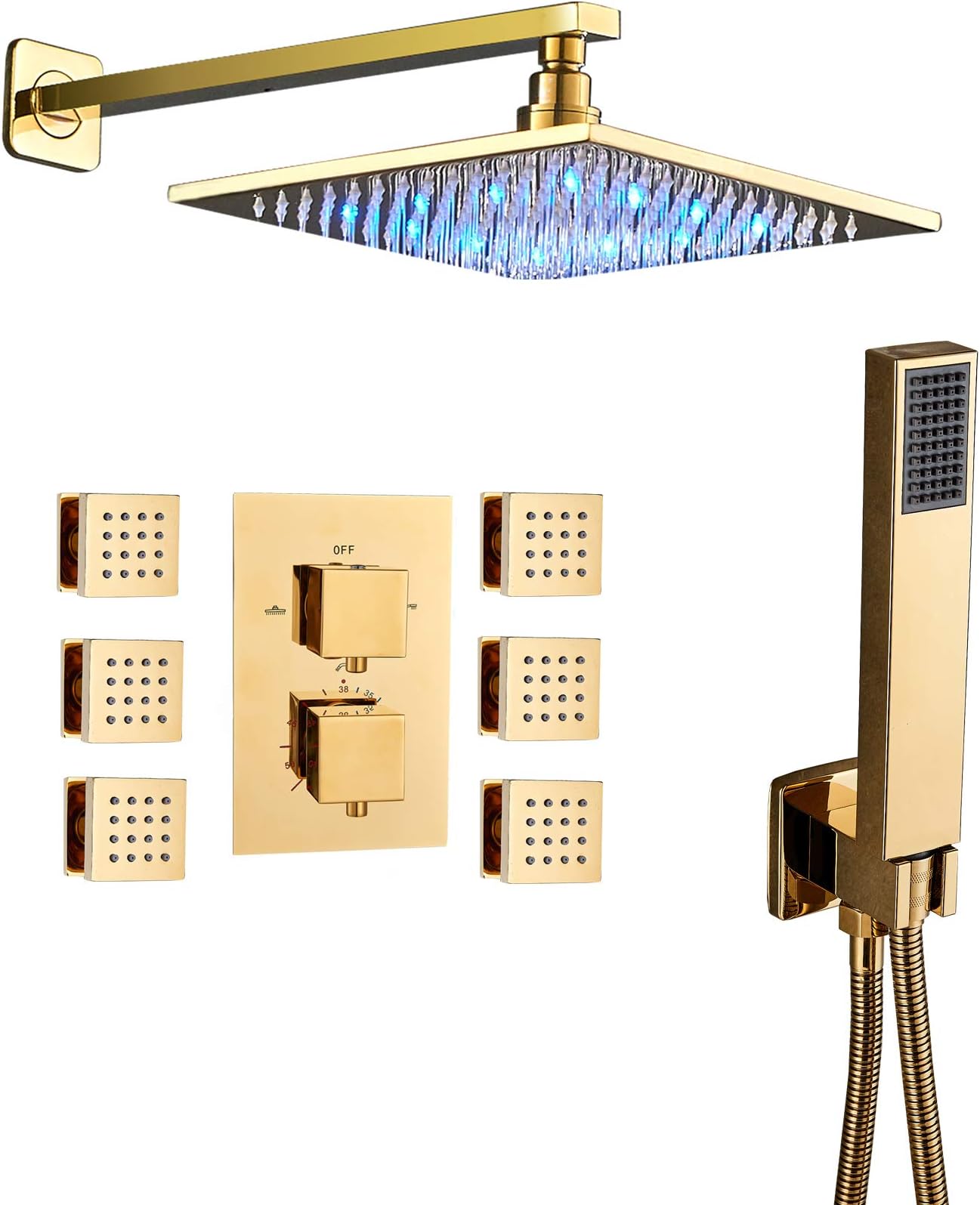 Senlesen Thermostatic 3-way Mixer Shower Bathroom Shower Set 10" LED Shower Head Rainfall 6 Massage Jets Spray Body Shower Set Gold Polished
