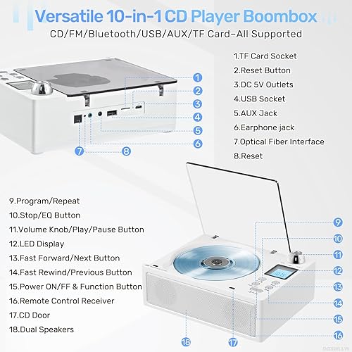 Miniatura 2 de Boombox reproductor de CD portátil, Boombox recargable de 4000 mAh con reproducción de CD-RRWMP3, radio FMAUXUSBTFBluetoothcontrol remoto, conector