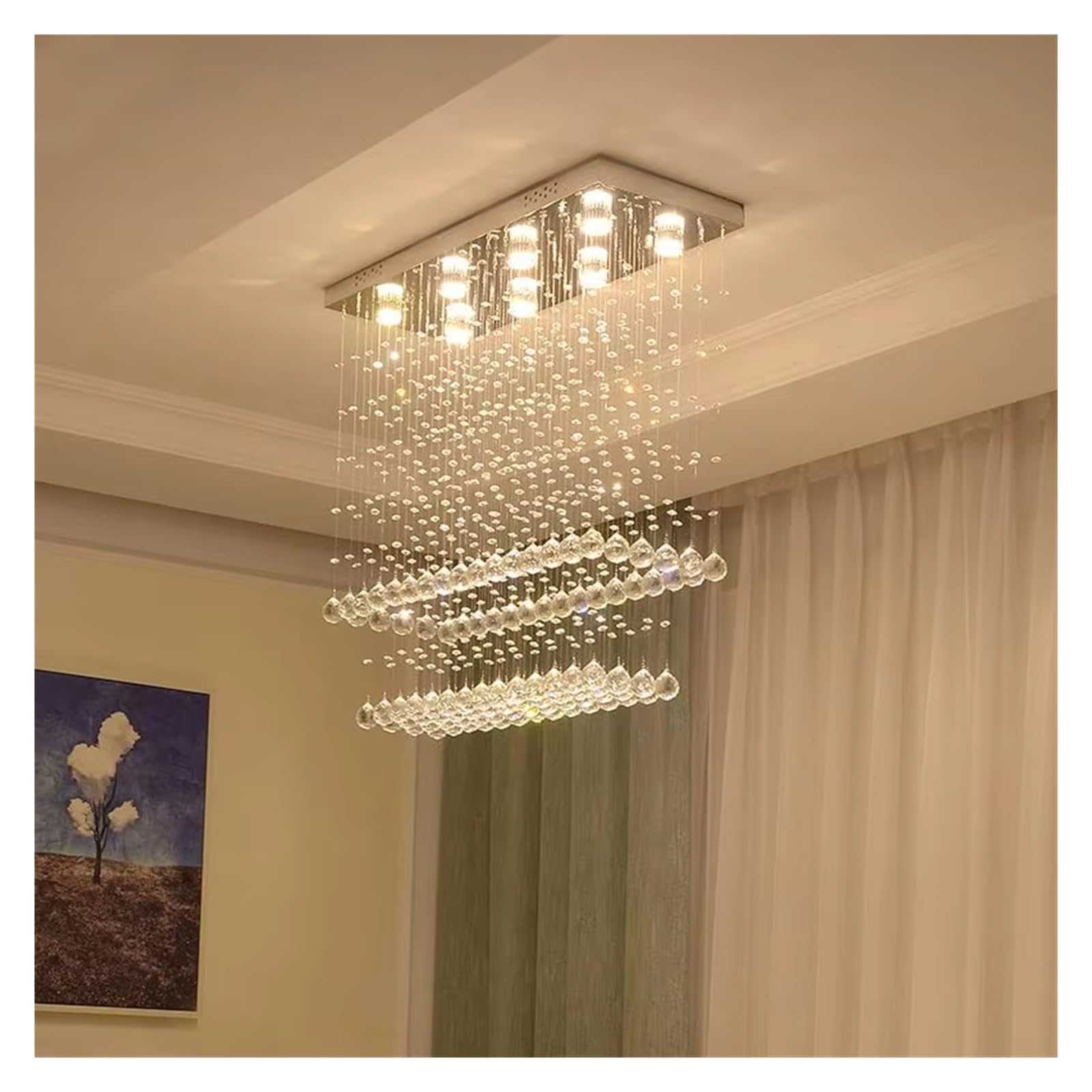 CSXSXAUO Modern Rectangular Crystal Chandelier Ceiling Lighting Fixture Raindrop Pendant Flush Mount Light for Dining Rooms Kitchen