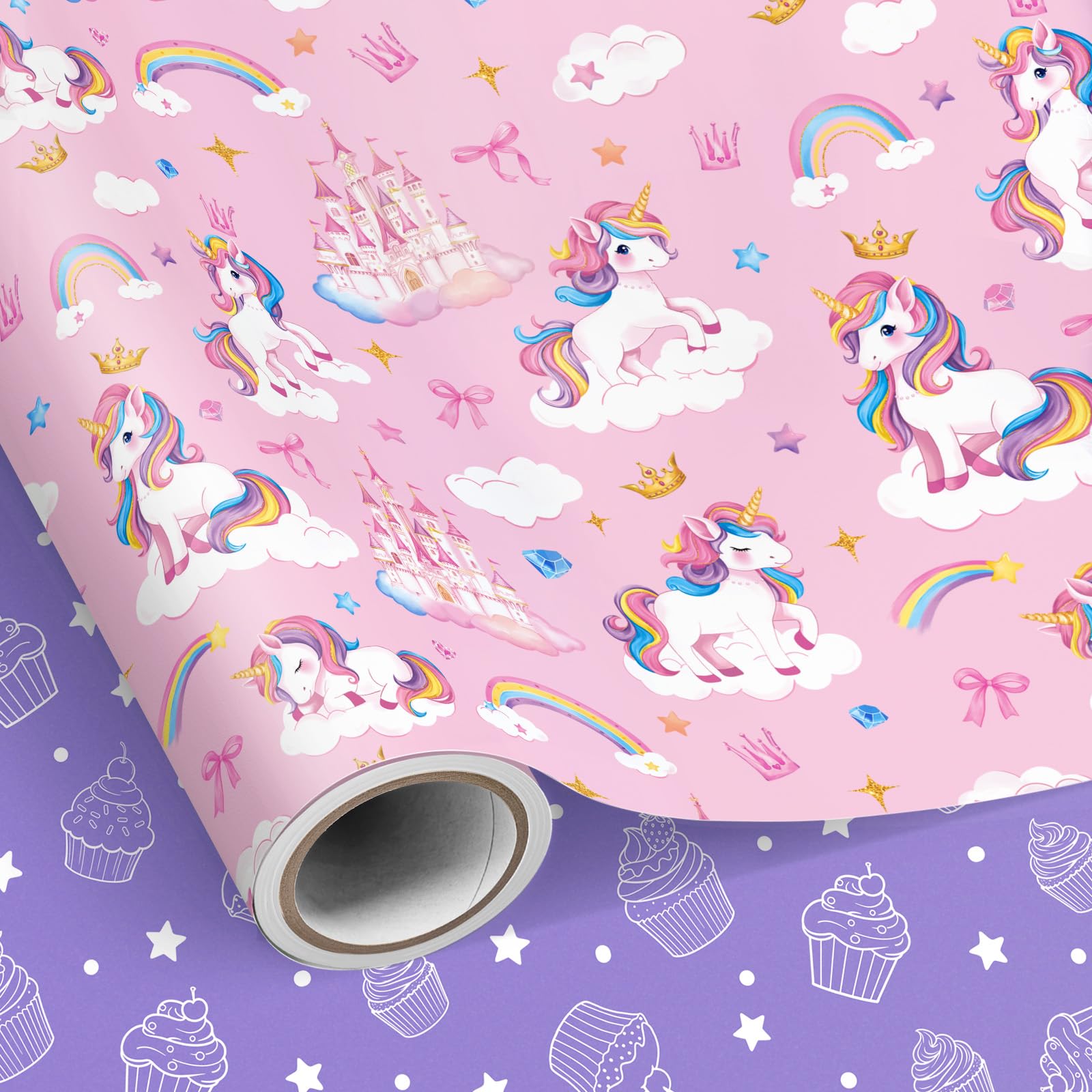 Neloheac Pink Unicorn Girls Wrapping Paper Roll 43CM x 10M Reversible