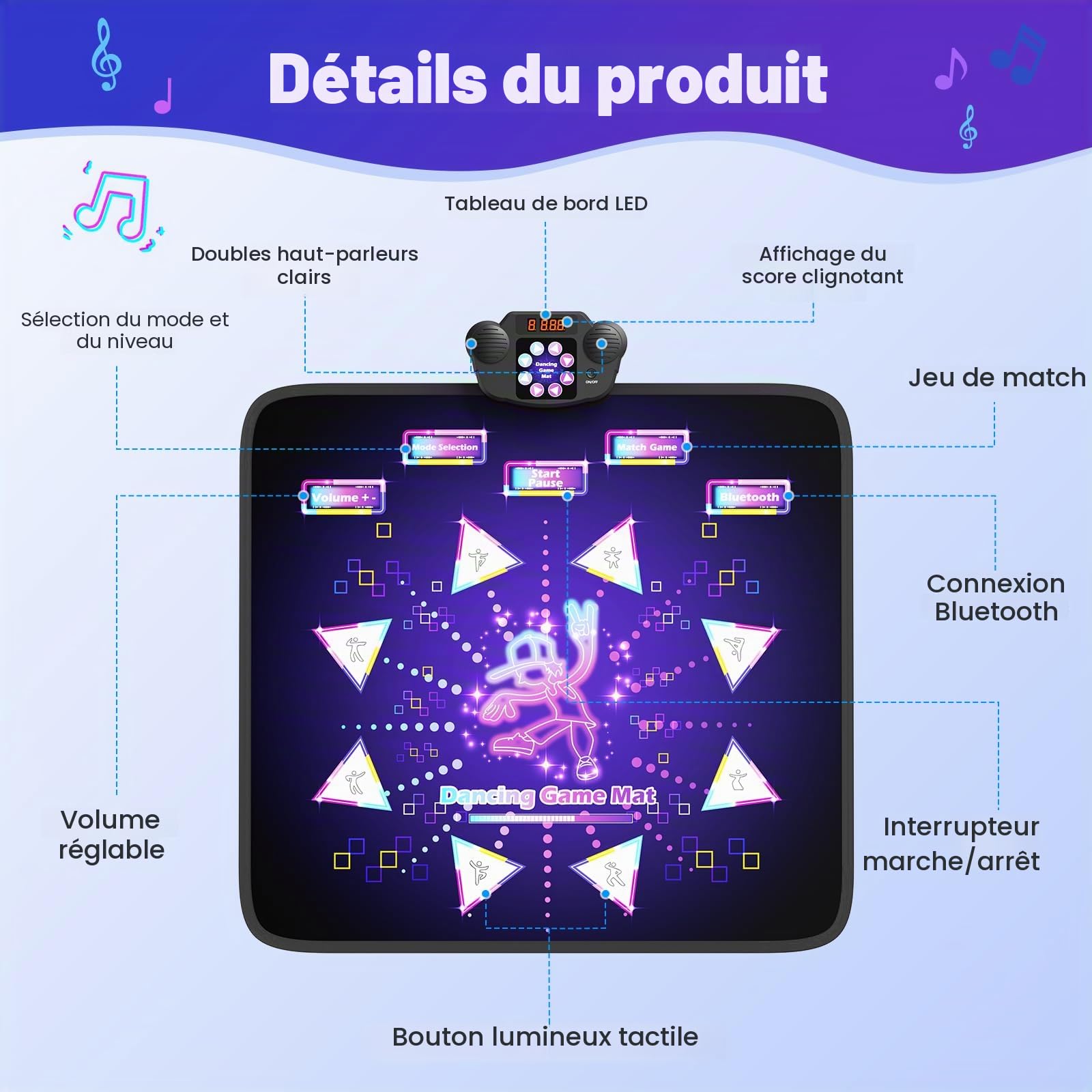 Tapis de Danse pour Enfants,8 Flèches de Lumière LED Musique Pad de Danse Musical avec 6 Modes de Jeu, batterie rechargeable , Jouet Cadeau d'anniversaire de Noël pour Garçons Filles de 3 à 12 Ans