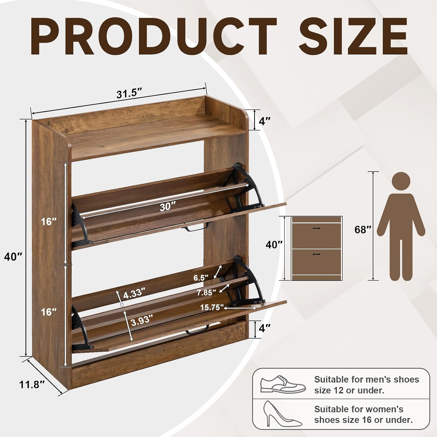 HOMMPA Farmhouse Shoe Storage Cabinet with 2 Flip Drawers, Freestanding Shoe Organizer with Metal Legs for Entryway, Narrow Shoe Rack Cabinet, Dark Walnut