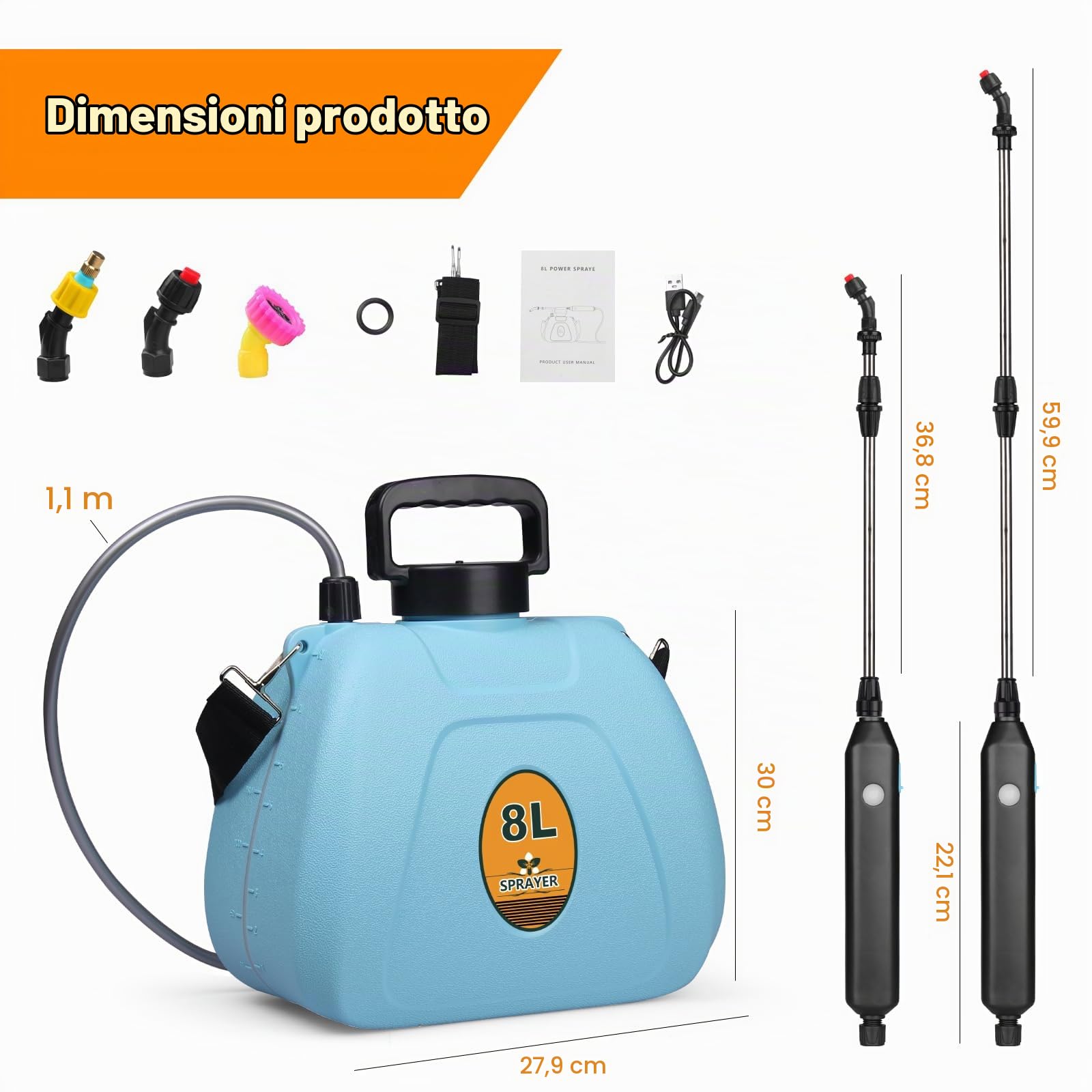 Nebulizzatore Giardino a Batteria 8L, Spruzzatore Elettrico a Pressione con Lancia Telescopica e 3 Ugelli, 1500mAh Ricaricabile per Diserbo, Irrigazione, Disinfezione, Pulizia Tetto e Auto
